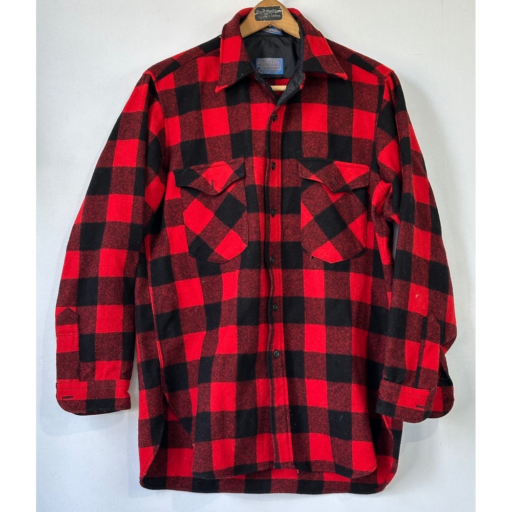 Retro Pendleton Wool Shirt Jacket Buffalo Plaid Mens L Red Black